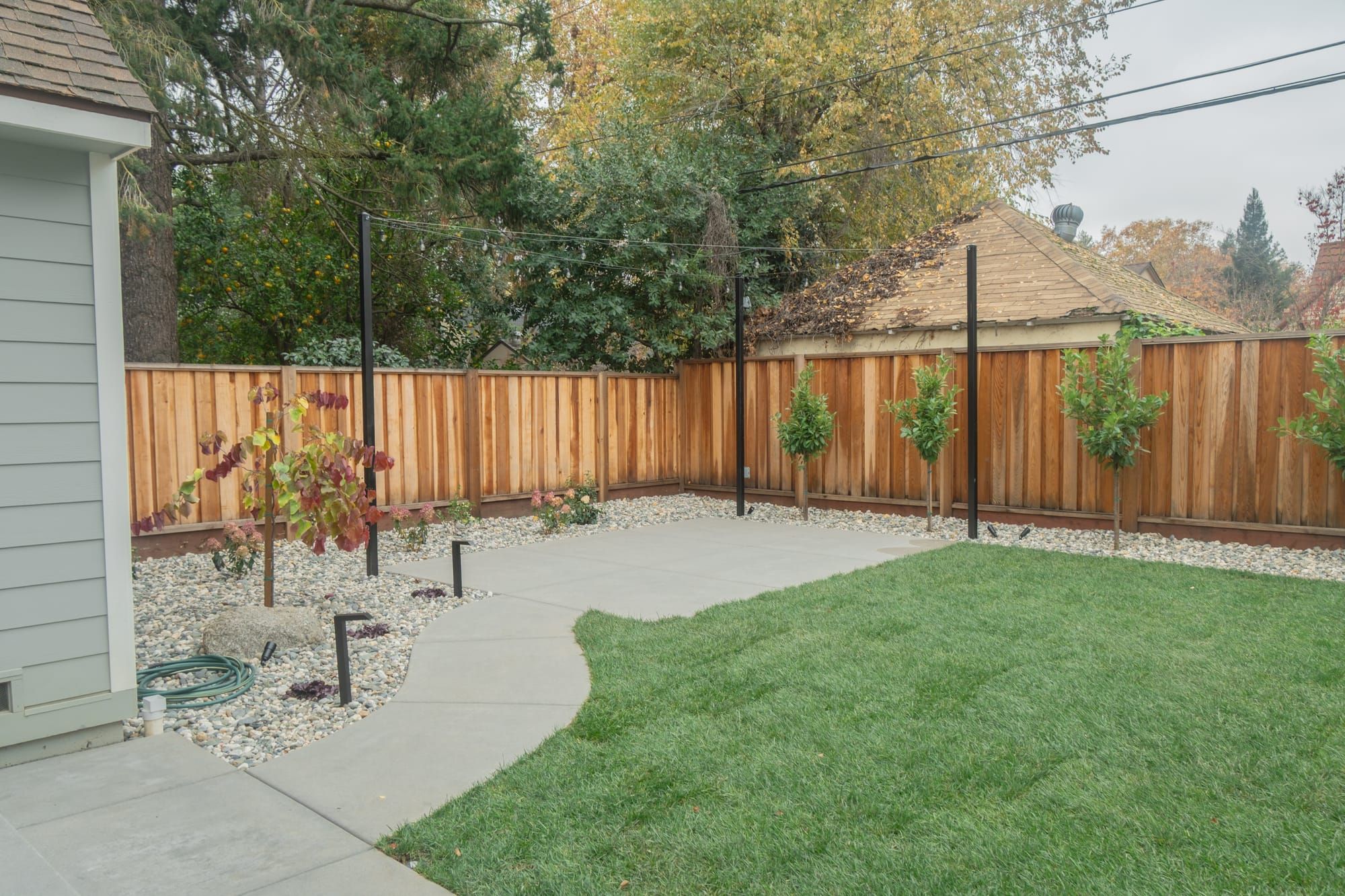 Backyard landscape installation with sod, concrete patio, river rock, tree planting, and outdoor lighting in Sacramento